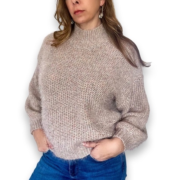 Joie Martika Pink sky knit sweater Fuzzy Ballon Sleeves mock neck - Picture 3 of 8